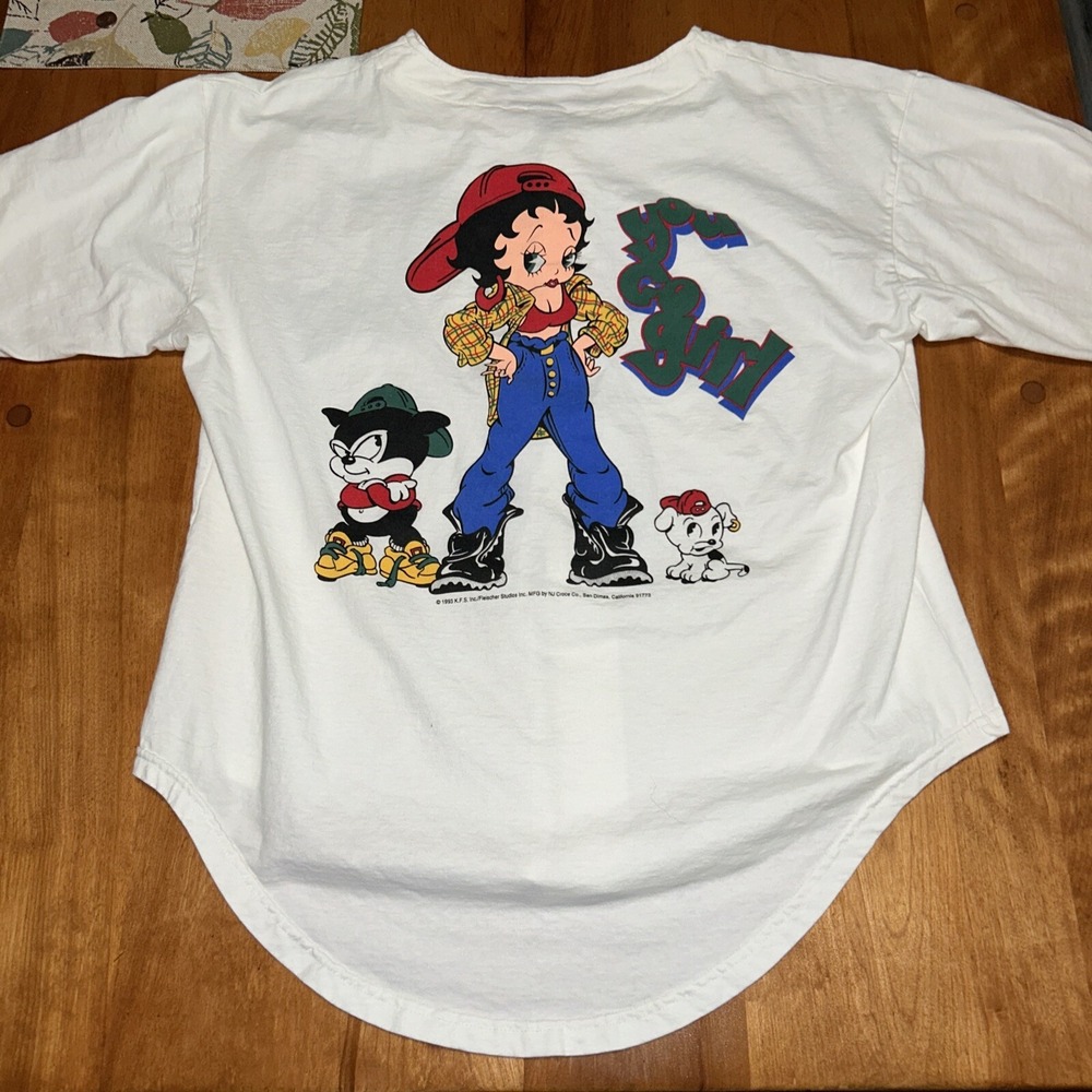 Vintage 1993 Betty Boop You Go Girl Hip Hop Pudgy Dog Button T-Shirt XL